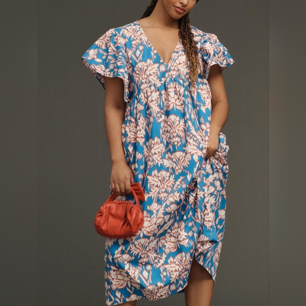 Maeve Floral Midi Dress in Blue and Pink